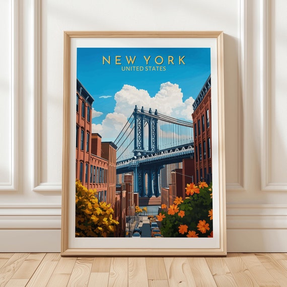 New York City Manhattan Bridge Wall Art Print Colorful Urban Poster With Brownstone Buildings Street View Travel Decor Illustration Gift