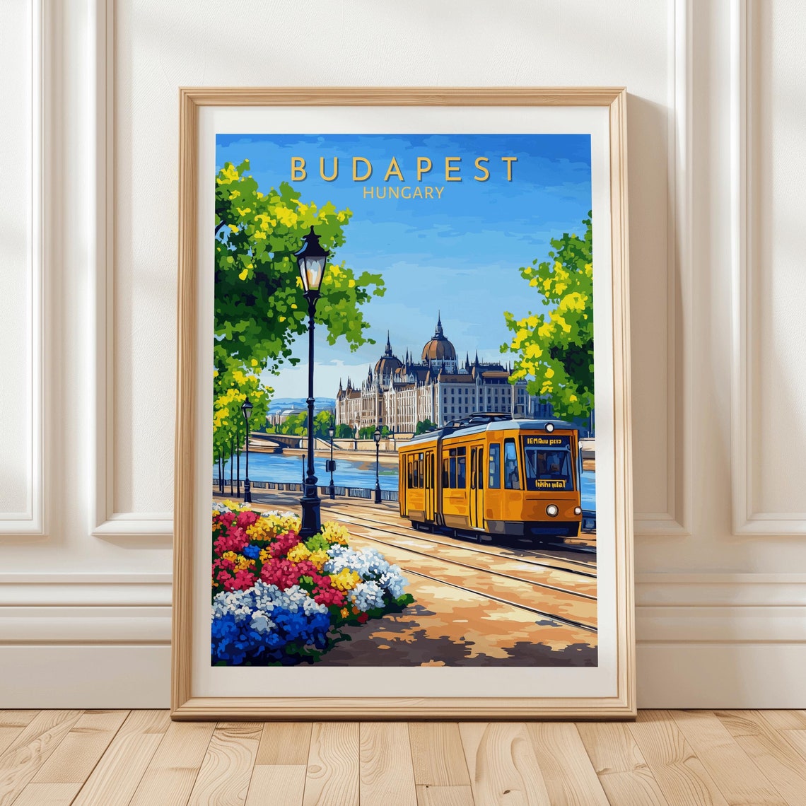 Budapest Hungary Yellow Tram Parliament Danube River Travel Poster