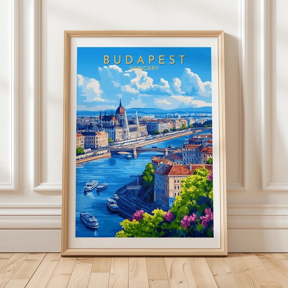 Budapest Hungary Parliament Danube River Boats Cityscape Travel Poster