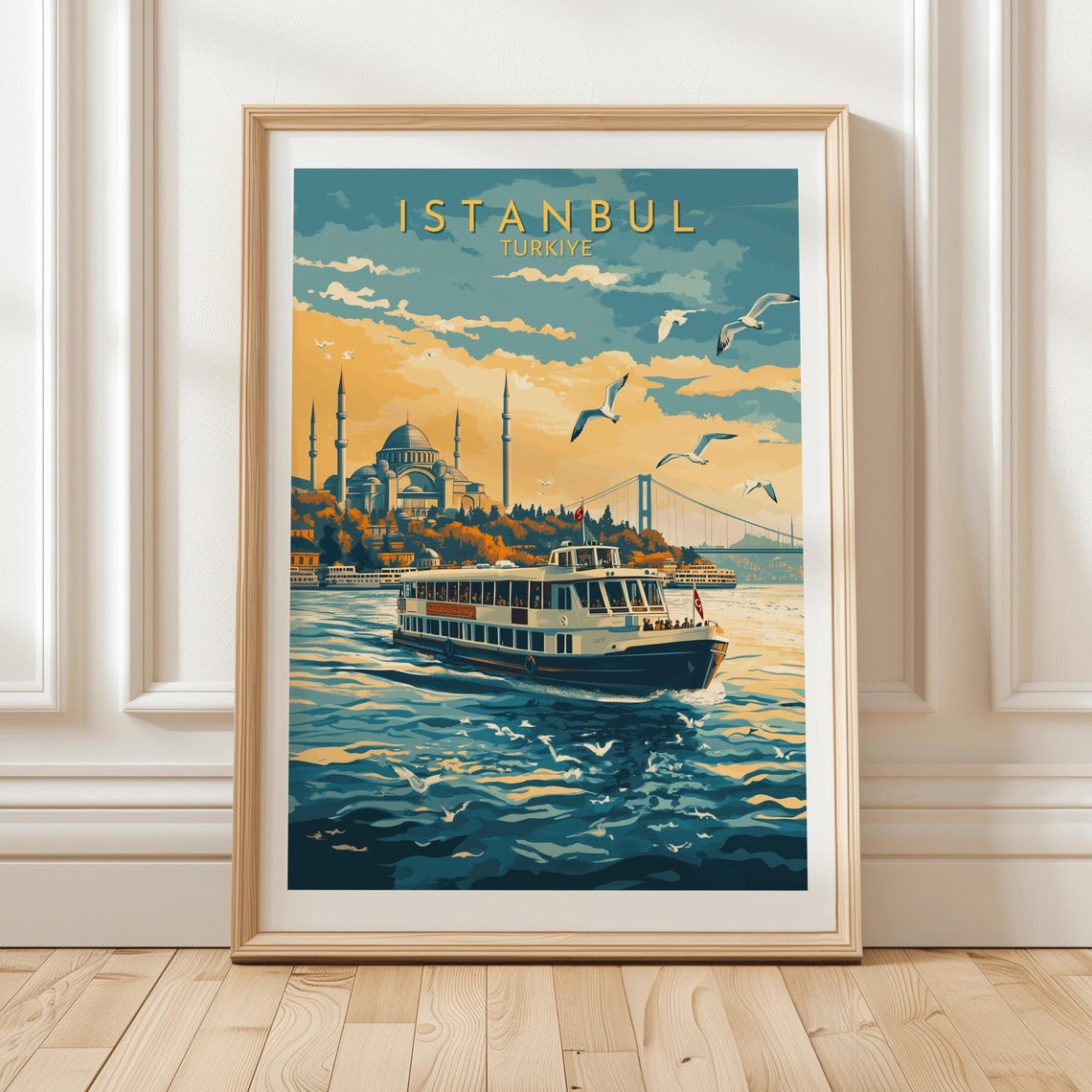 Istanbul Turkiye Vintage Sunset Ferry Hagia Sophia Seagulls Art Poster