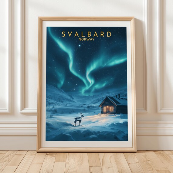 Svalbard Norway Northern Lights Reindeer Cabin Travel Poster