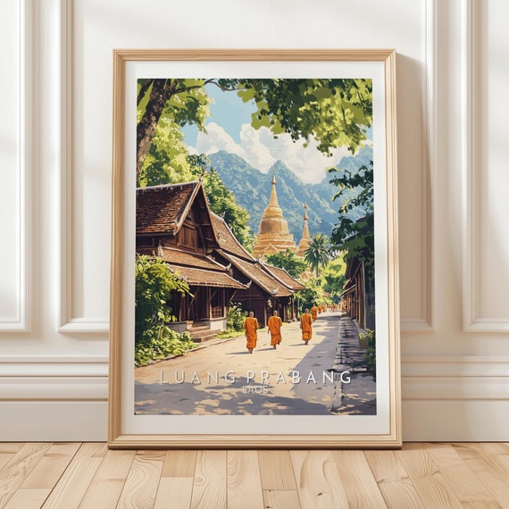 Luang Prabang Laos Temple Art Print With Buddhist Monks And Golden Stupa Vintage Southeast Asia Travel Poster For Wall Decor Unique Gift