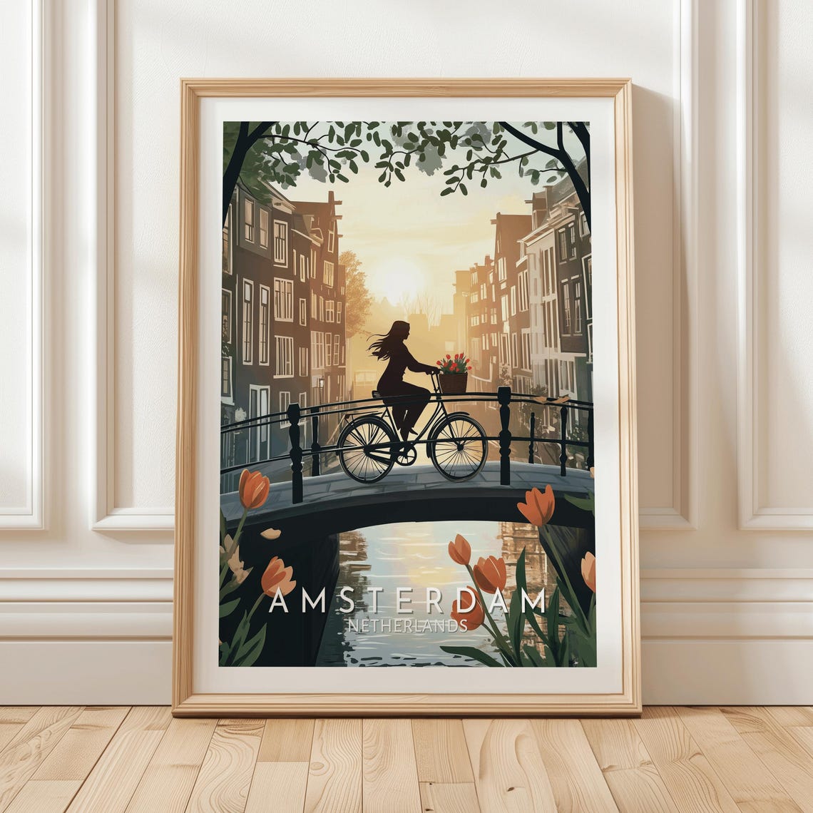 Amsterdam Netherlands Canal Bridge Bicycle Tulip Sunset Poster