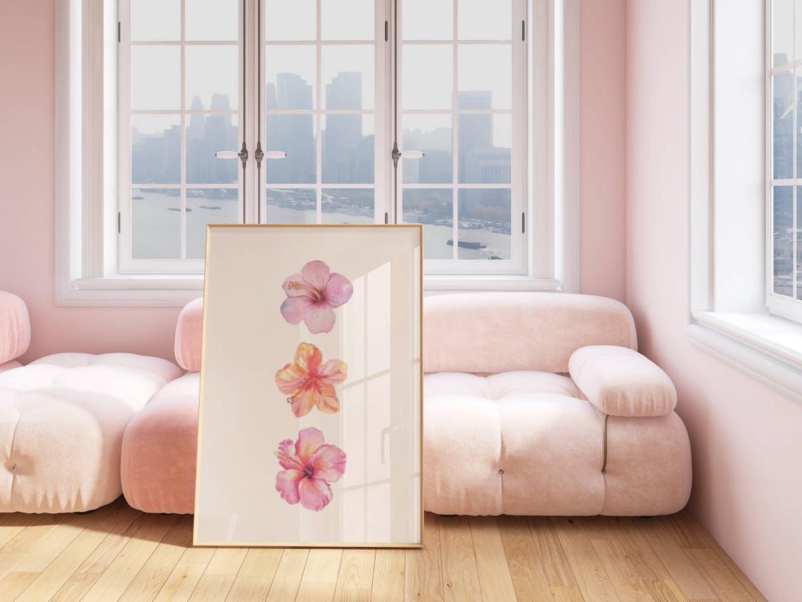 Hibiscus Watercolor Trio Vertical Blooms Pink Orange Minimalist Print