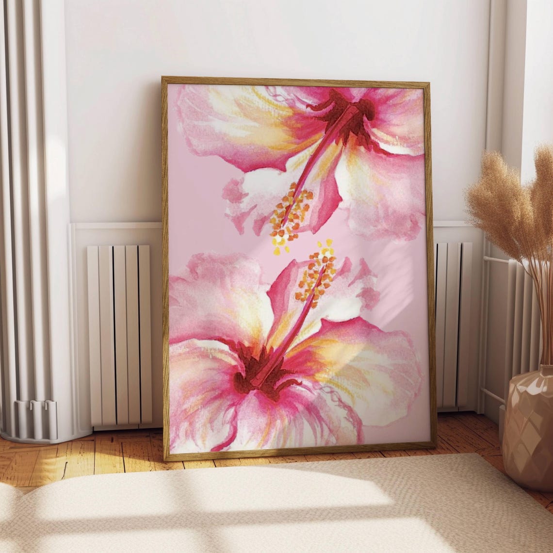 Pink Hibiscus Pair Large Bloom Watercolor Tropical Floral Wall Art - Image 3