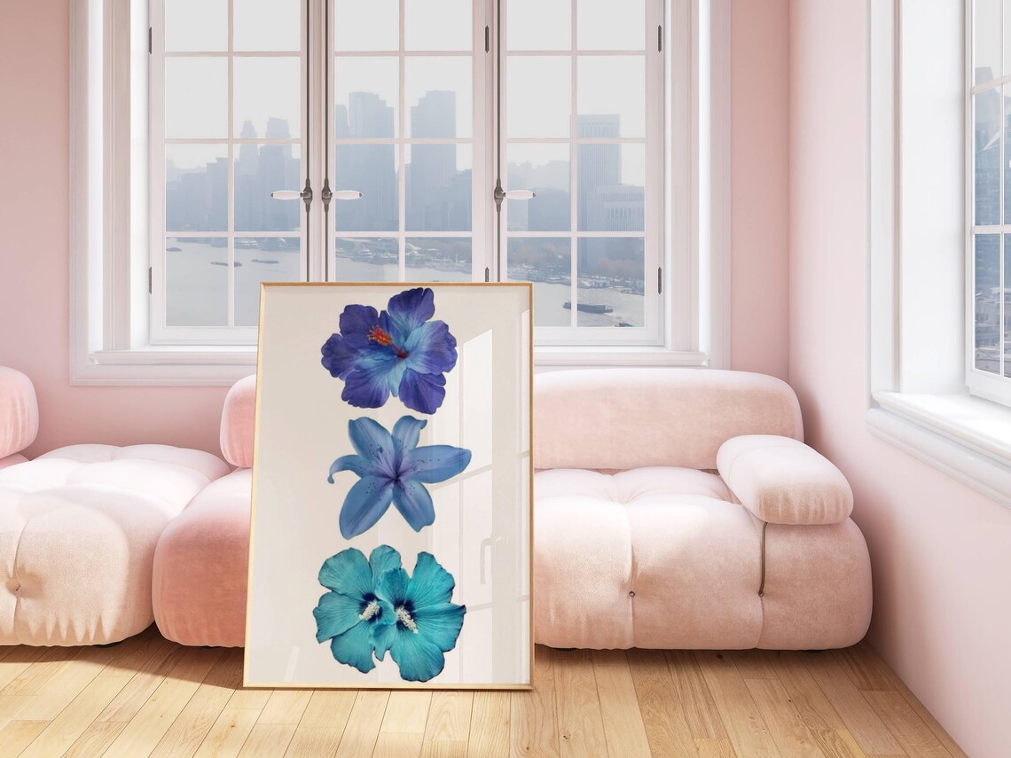 Blue Hibiscus Lily Trio Minimalist Botanical Floral Art Print Poster - Image 3
