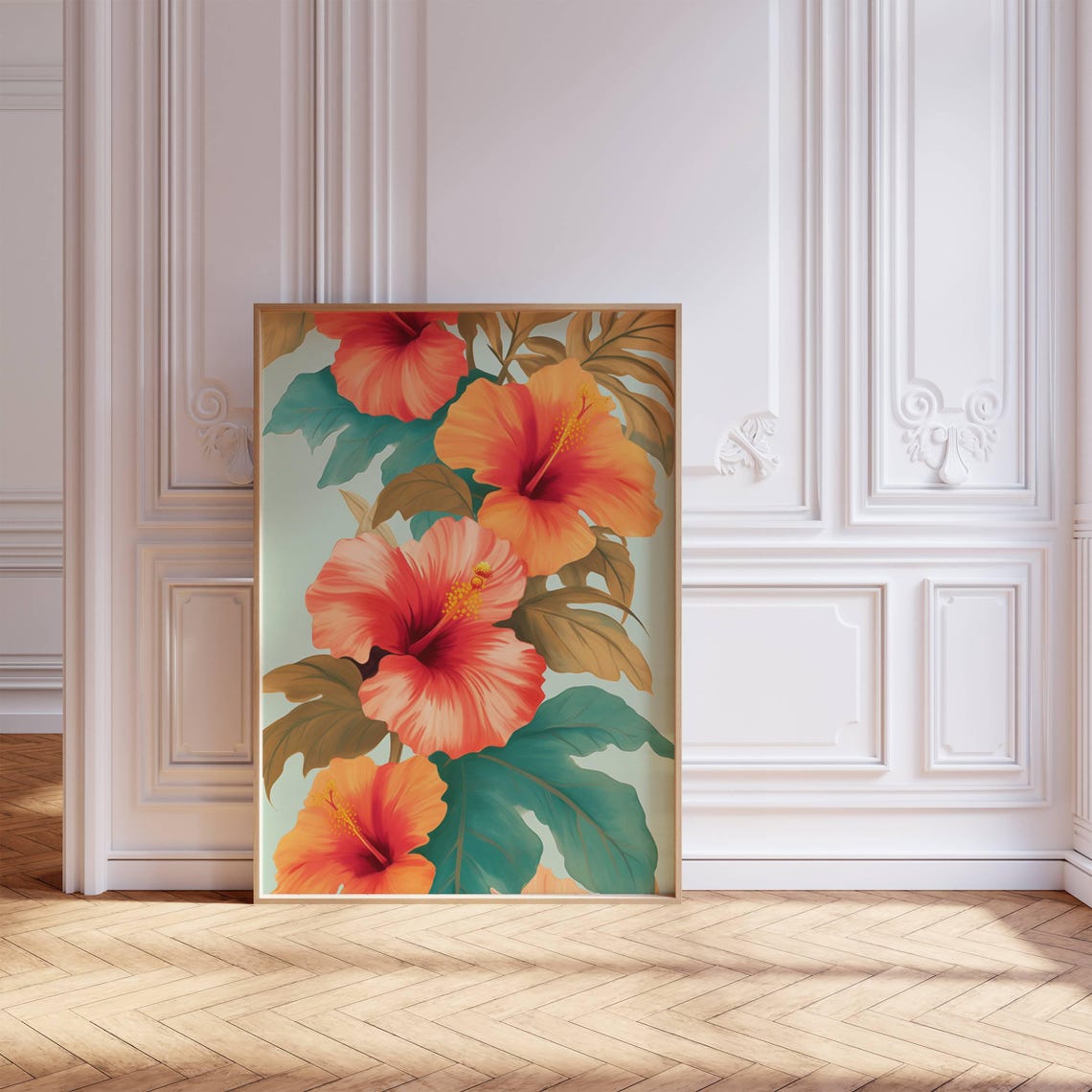 Orange Hibiscus Vintage Botanical Teal Background Tropical Poster - Image 3