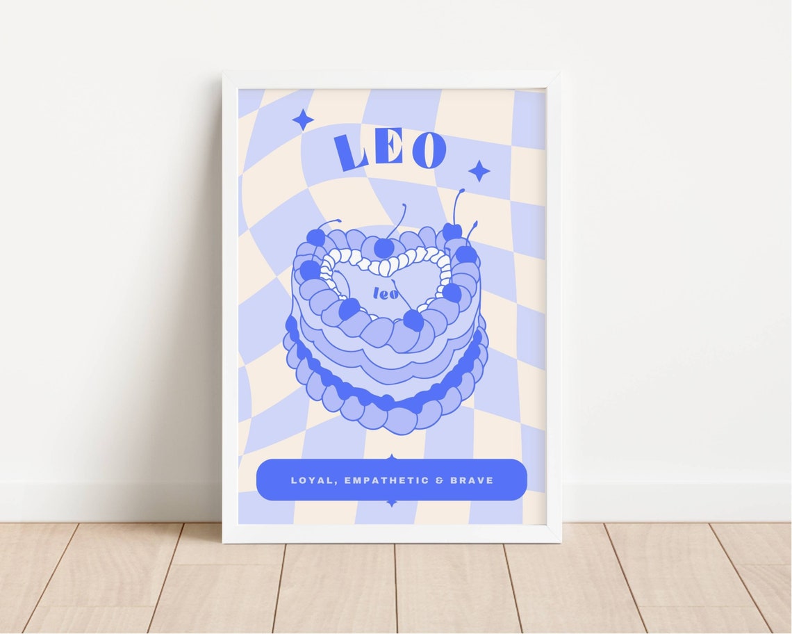 Leo Blue Birthday Cake Zodiac Star Sign Retro Checkerboard Poster - Image 2