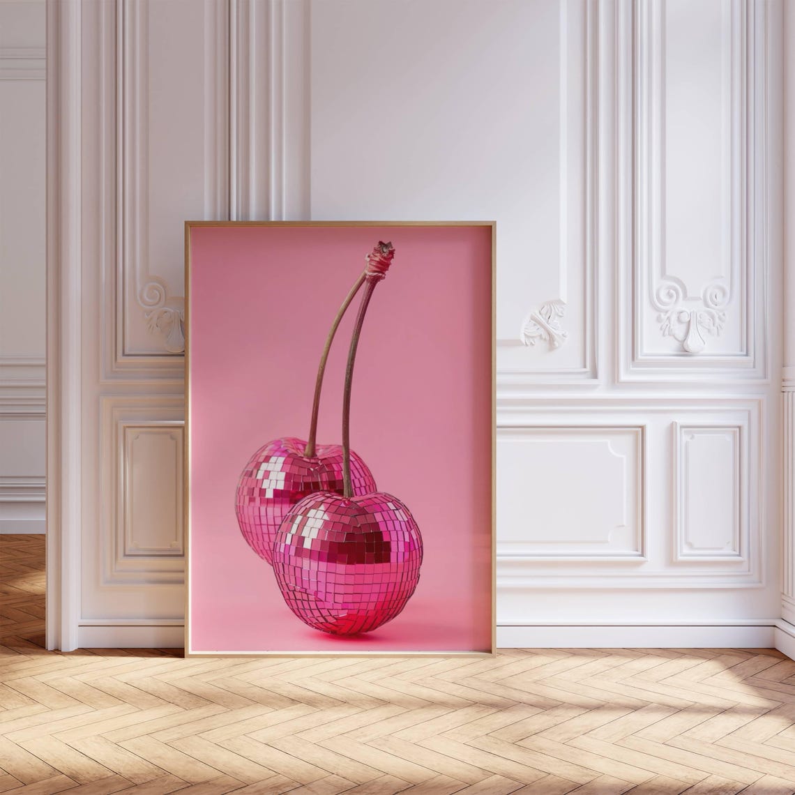 Pink Disco Ball Cherries Mirrorball Maximalist Funky Wall Art Poster - Image 2