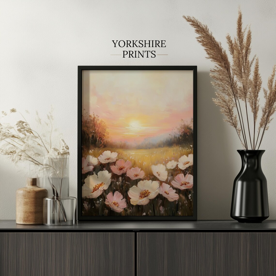 Vintage Pink Wildflower Landscape Art Print - Image 3