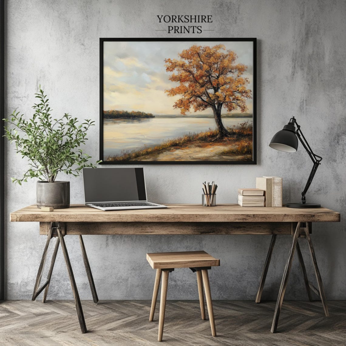 Golden Autumn Tree Lakeside Calm Water Fall Landscape Wall Poster - Image 3