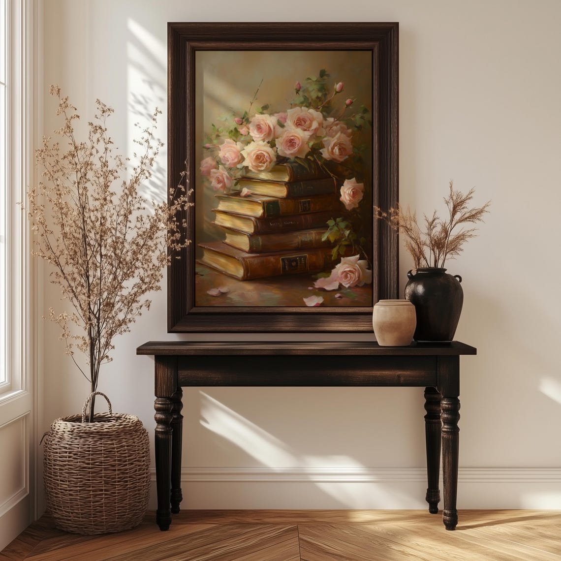 Blush Roses Stacked Antique Books Romantic Dark Academia Poster - Image 3