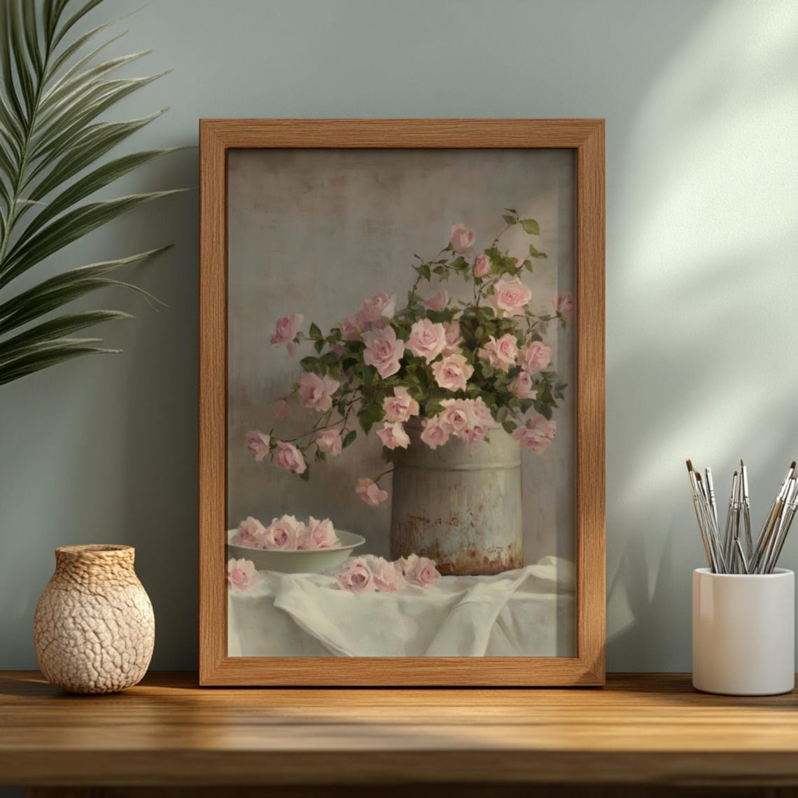 Pink Garden Roses Rustic Tin Bucket Shabby Chic Floral Poster - Image 2