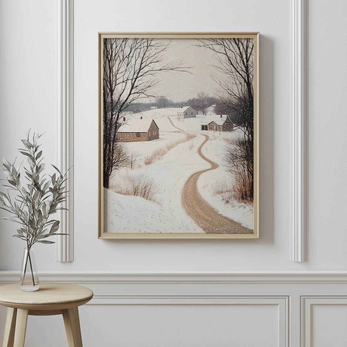 Winter Wall Art Neutral Christmas Decor Vintage Winter Landscape Print Snowy Village Painting Farmhouse Holiday Wall Art - Image 3