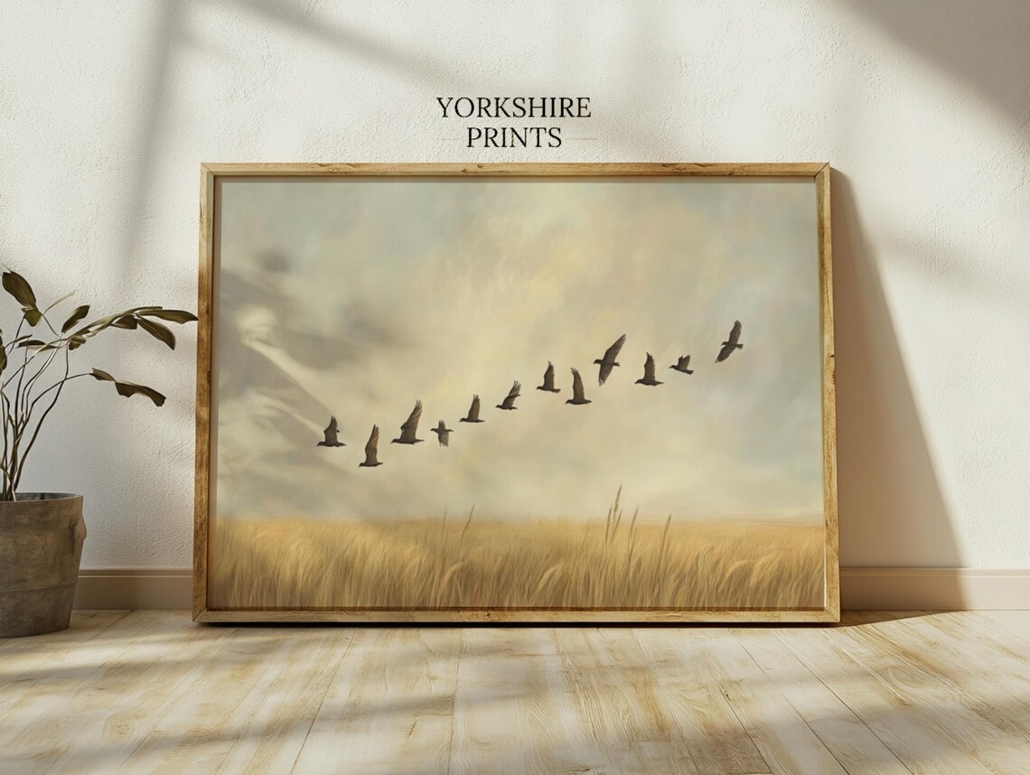 Birds In Flight Over Field, Minimalist Art Print - Image 3