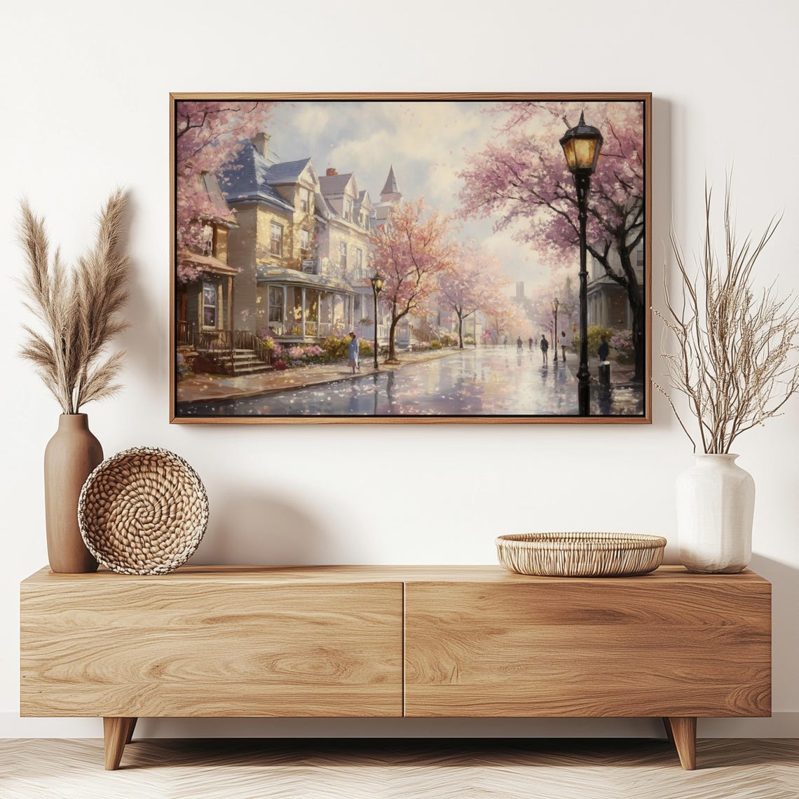 Spring Cherry Blossom Town Street Rain Lamp Posts Vintage Poster - Image 3