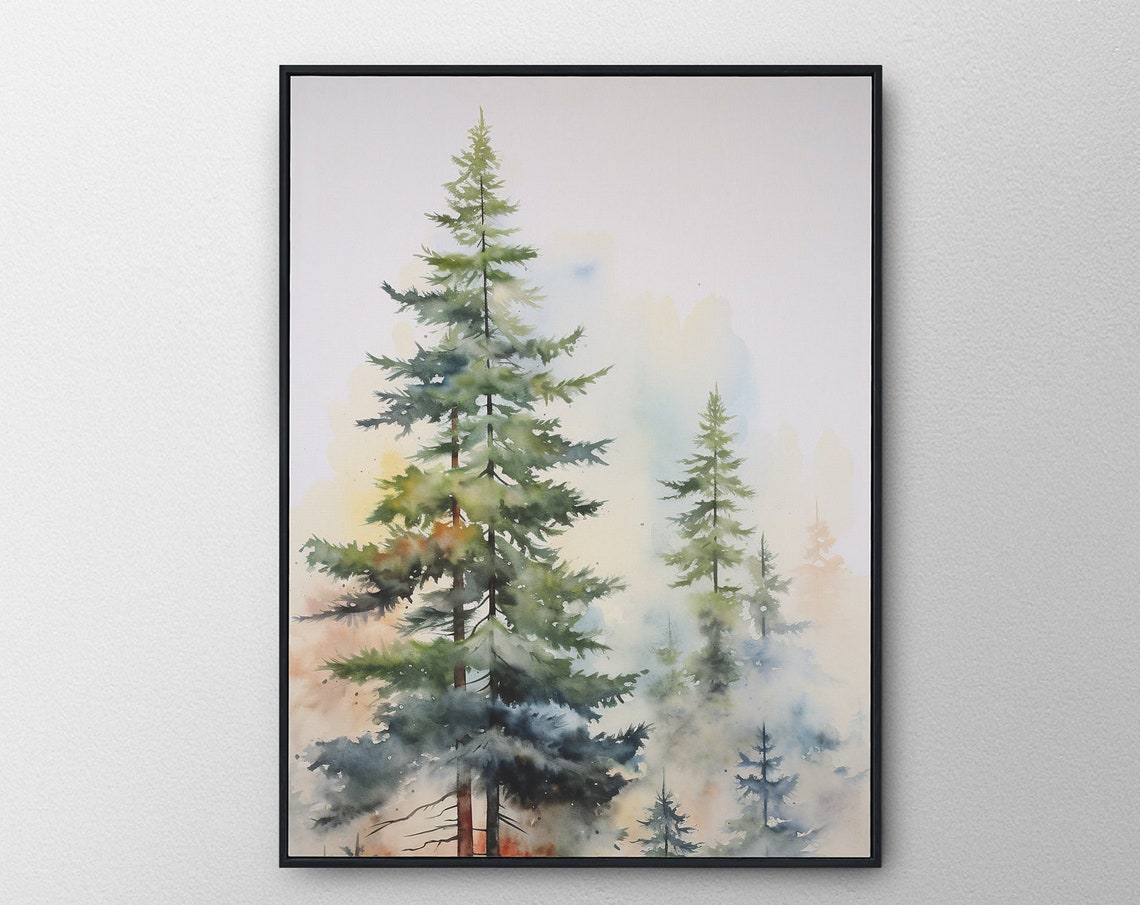 Tall Pines Golden Mist Watercolor Forest Dawn Woodland Art Poster
