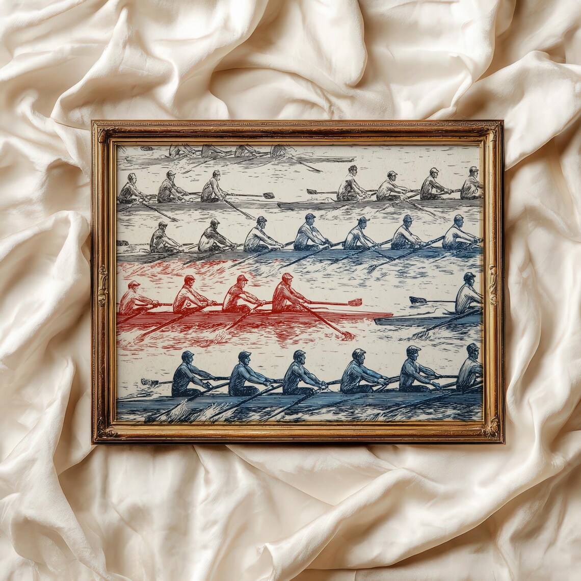Vintage Rowing Crew Race Etching 1930s Regatta Sports Wall Poster