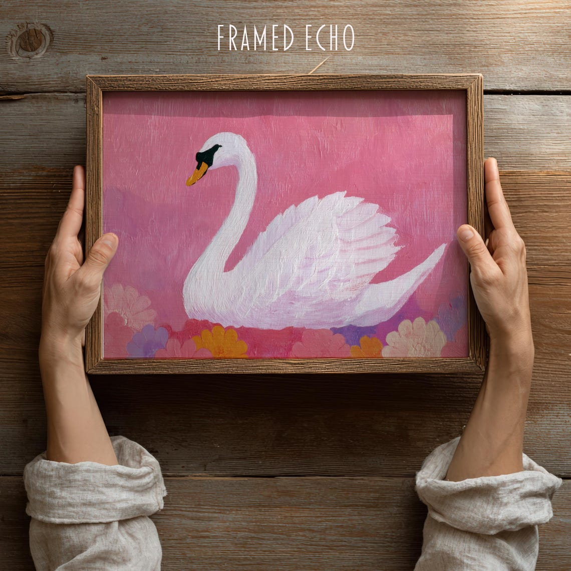 Graceful White Swan Pink Floral Impasto Painting Nursery Wall Art