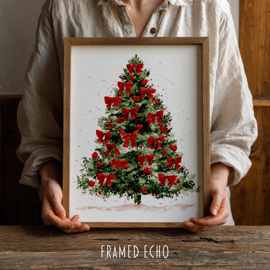 Watercolor Christmas Tree With Red Bows Festive Holiday Poster