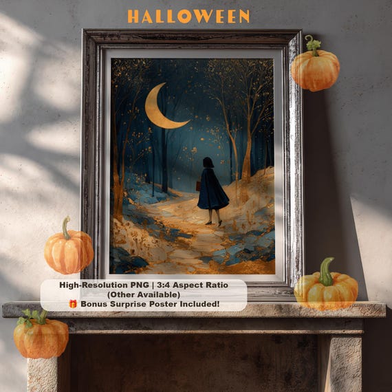Celestial Halloween Art Magical Forest With Crescent Moon Whimsigoth Wall Decor Vintage Fairytale Painting