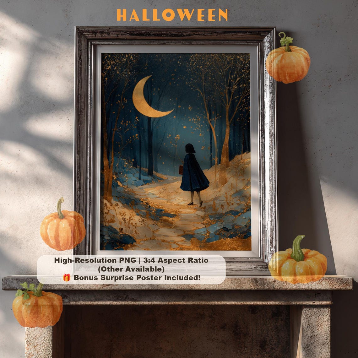 Celestial Halloween Art Magical Forest With Crescent Moon Whimsigoth Wall Decor Vintage Fairytale Painting
