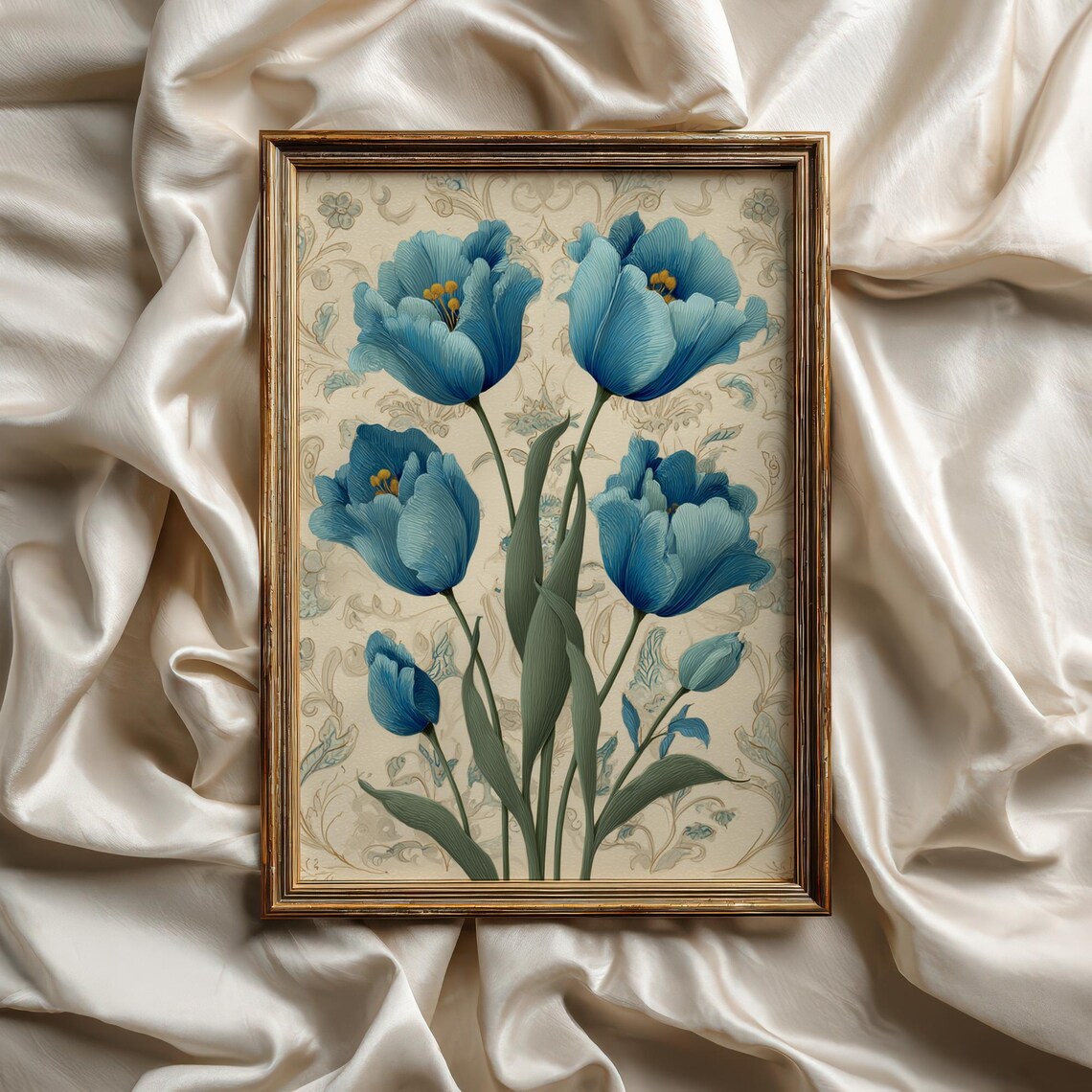 Blue Tulips on Chinoiserie Damask Background Grandmillennial Wall Art