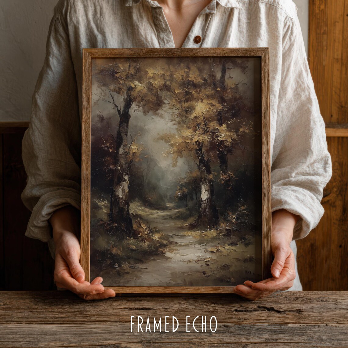 Moody Autumn Forest Path Rustic Oil Painting Landscape Poster