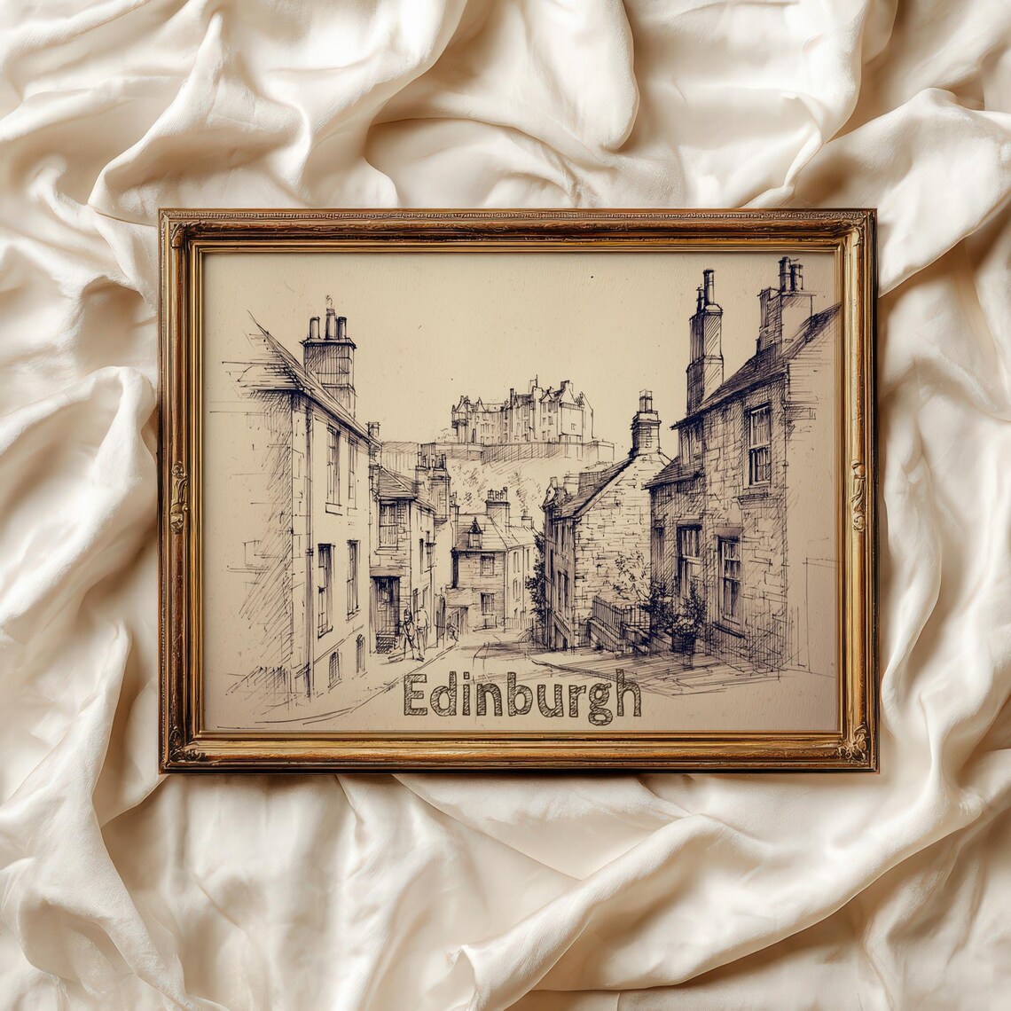 Edinburgh Castle Old Town Street Pencil Sketch Vintage Art Print