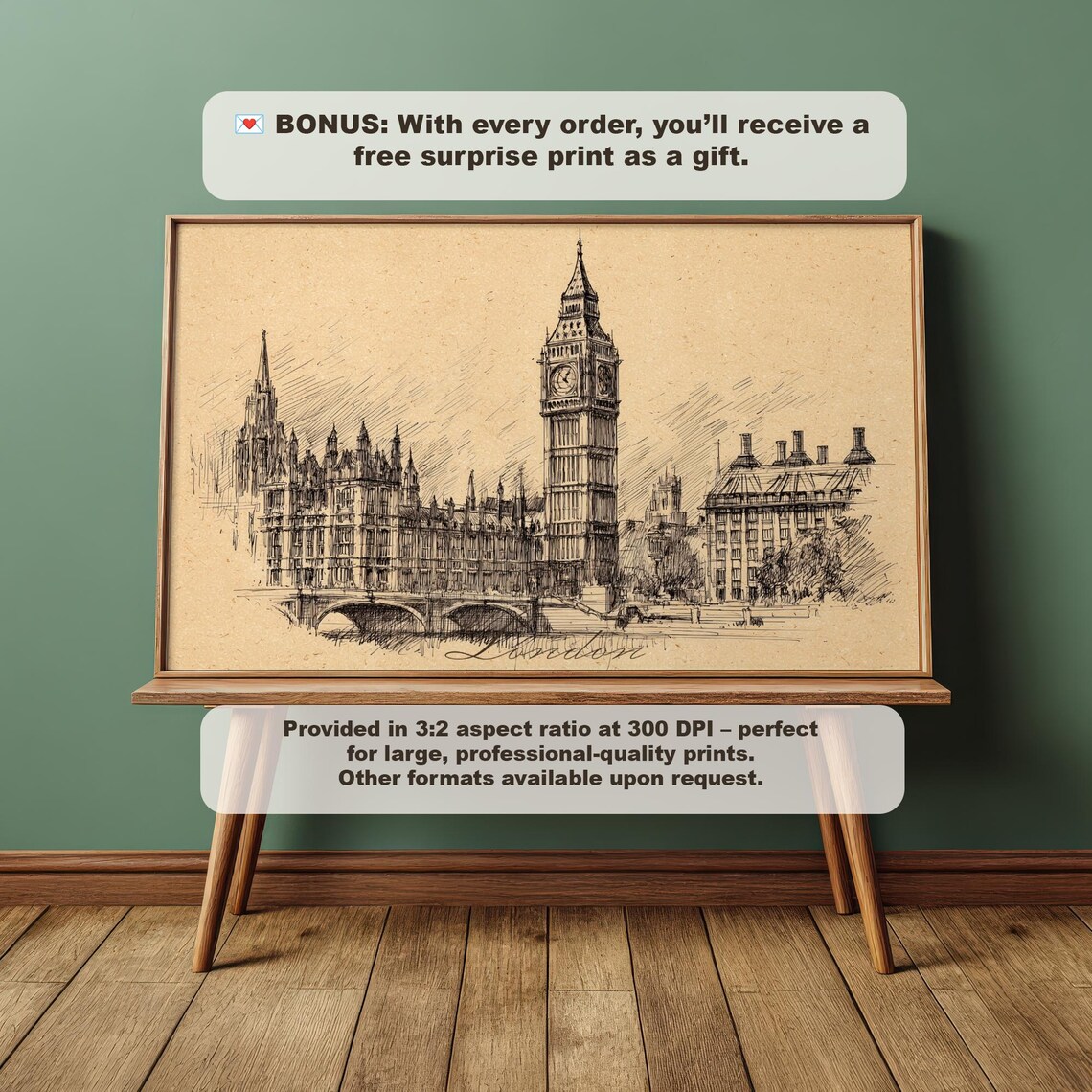 London Big Ben Sepia Sketch Vintage European Travel Wall Poster