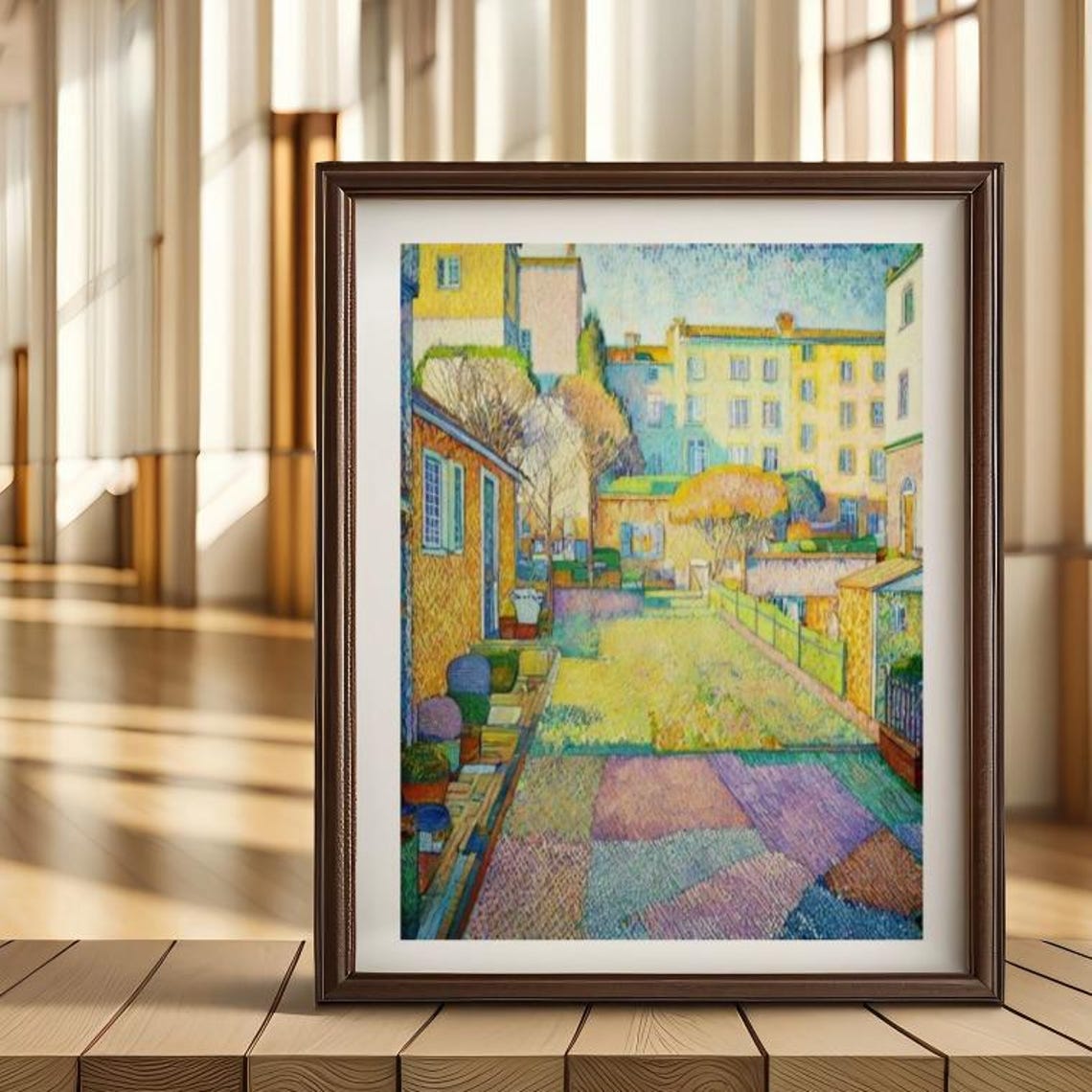 Sunlit Pointillist Courtyard Between Old European Buildings Poster