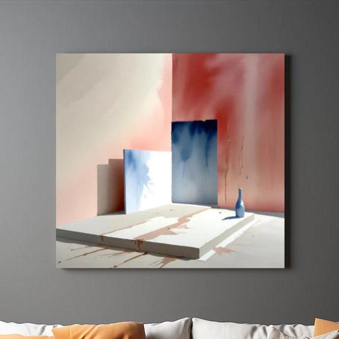 Blue Doorway Panels with Blue Vase Coral Wall Minimalist Art Poster