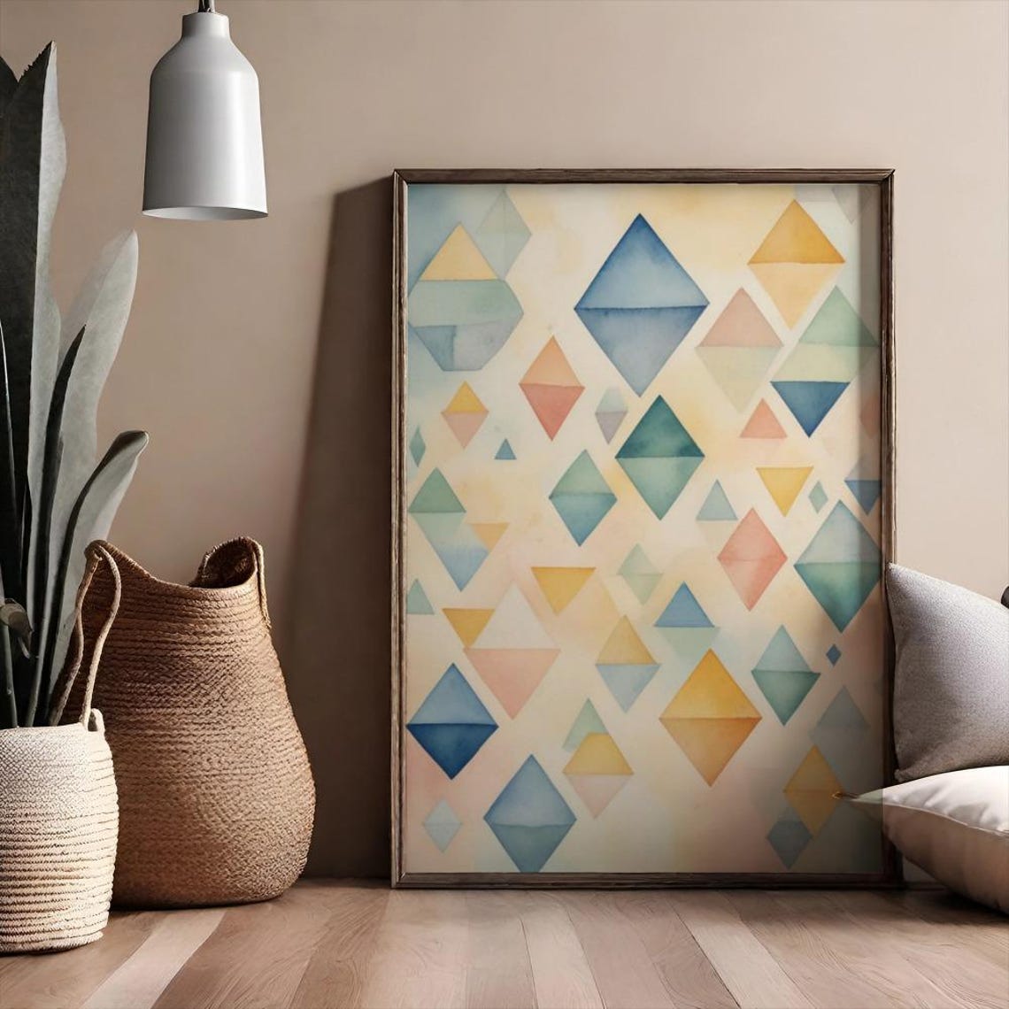 Blue Yellow Coral Watercolor Diamond Shapes Playful Abstract Poster