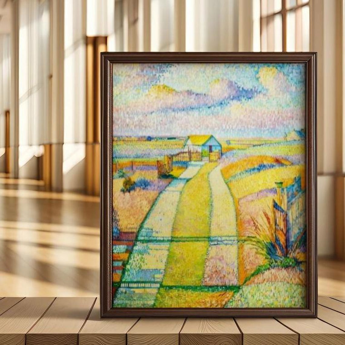 Vibrant Pointillist Country Road Leading To Small Cottage Poster