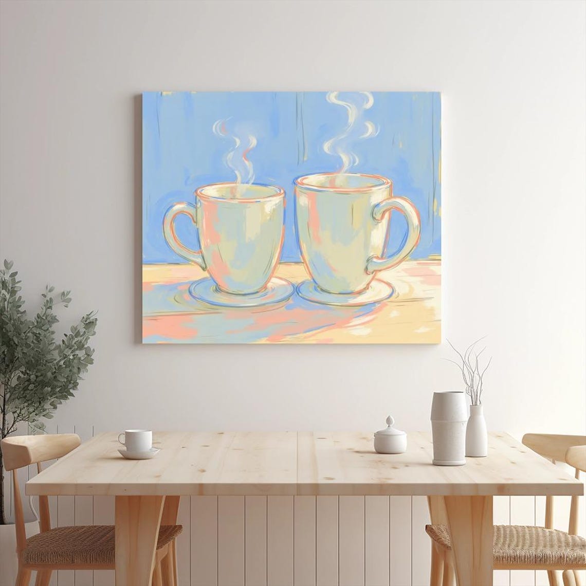 Two Steaming Coffee Cups In Pastel Blue Morning Kitchen Wall Art