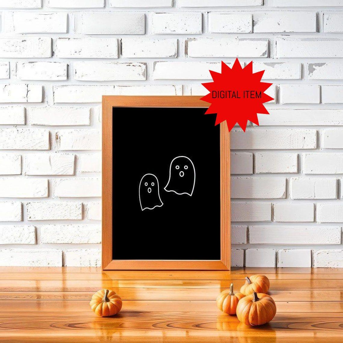 Cute Ghost Duo Halloween Black Line Art Spooky Season Decor Poster