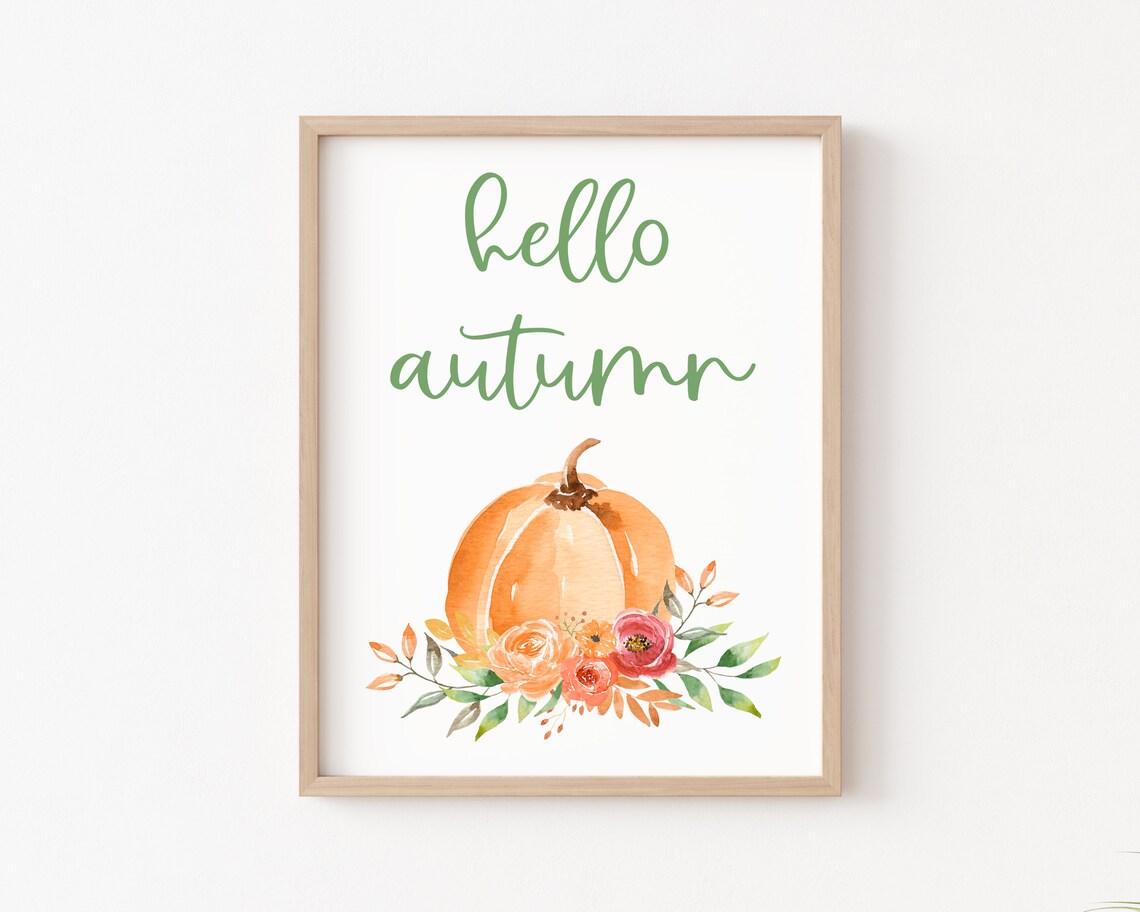 Hello Autumn Watercolor Pumpkin Floral Seasonal Decor Poster - Image 3