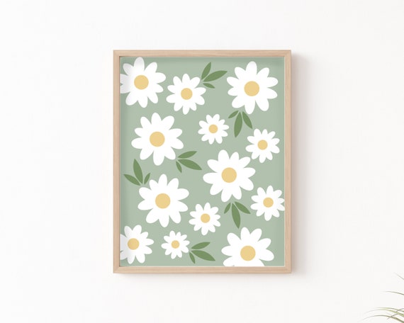 Daisies Sage Green Floral Art Print, Boho Decor