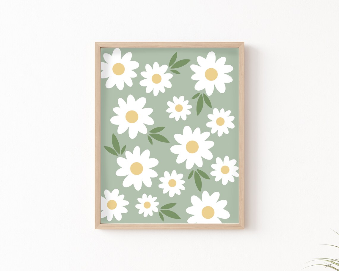 Daisies Sage Green Floral Art Print, Boho Decor