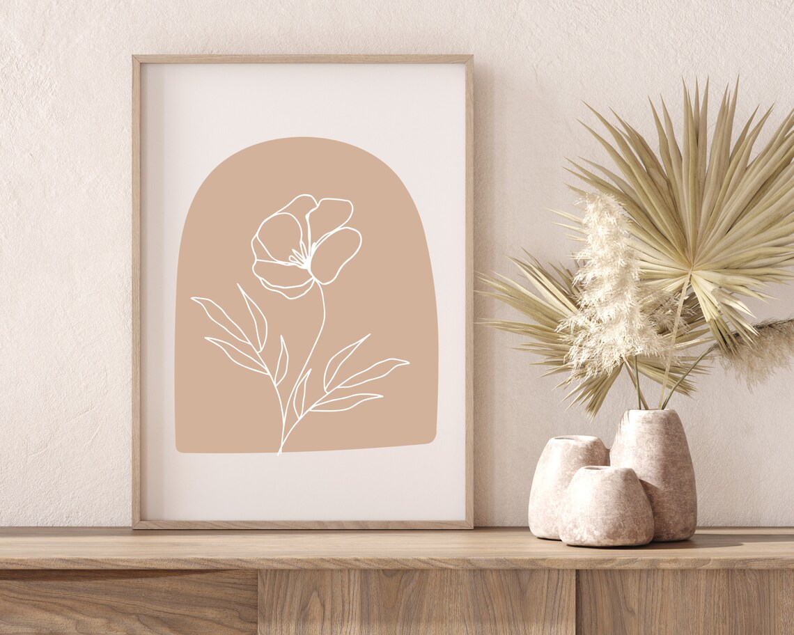 Beige Flower Botanical Line Art Mid-Century Print