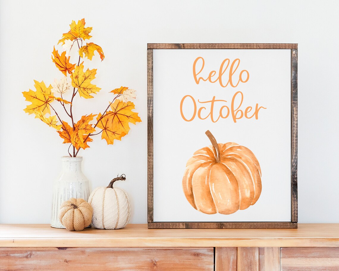 Hello October Rustic Fall Pumpkin Art Print - Image 2