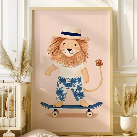 Lion on Skateboard Wearing a Fedora Cool Kids Nursery Poster