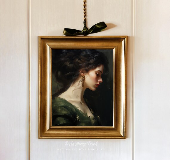 Elegant Dark Haired Woman Profile Portrait Green Dress Oil Art Print