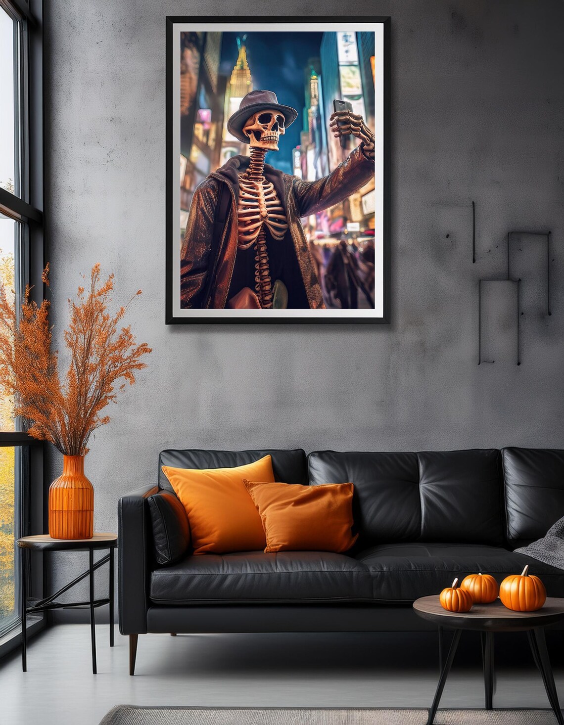 Funny Skeleton Taking Selfie Night City Street Halloween Art Poster - Image 4