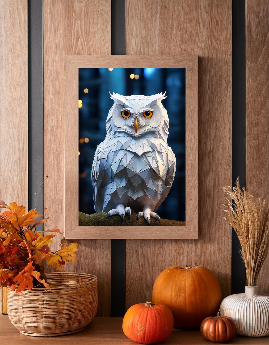 Geometric White Owl Paper Art Amber Eyes Night Moody Animal Wall Art Poster - Image 2