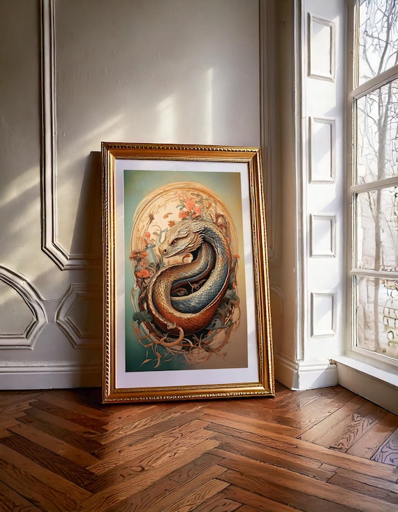 Year Of The Snake Ornate Floral Art Nouveau Coiled Serpent Wall Art Poster