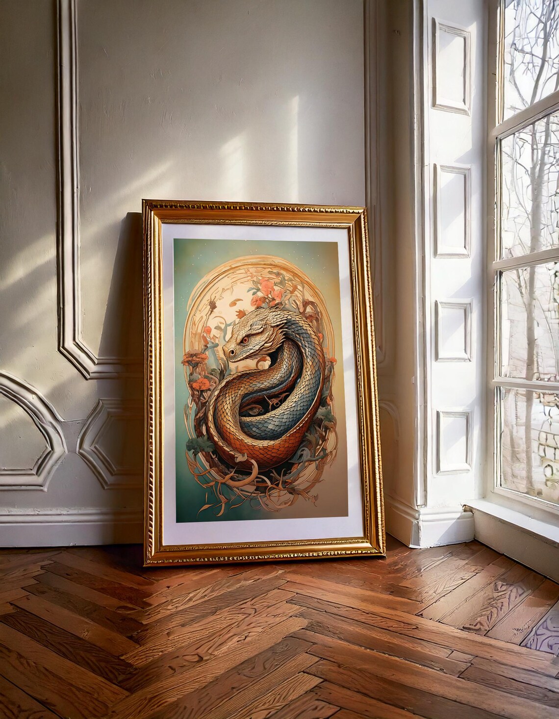 Year Of The Snake Ornate Floral Art Nouveau Coiled Serpent Wall Art Poster