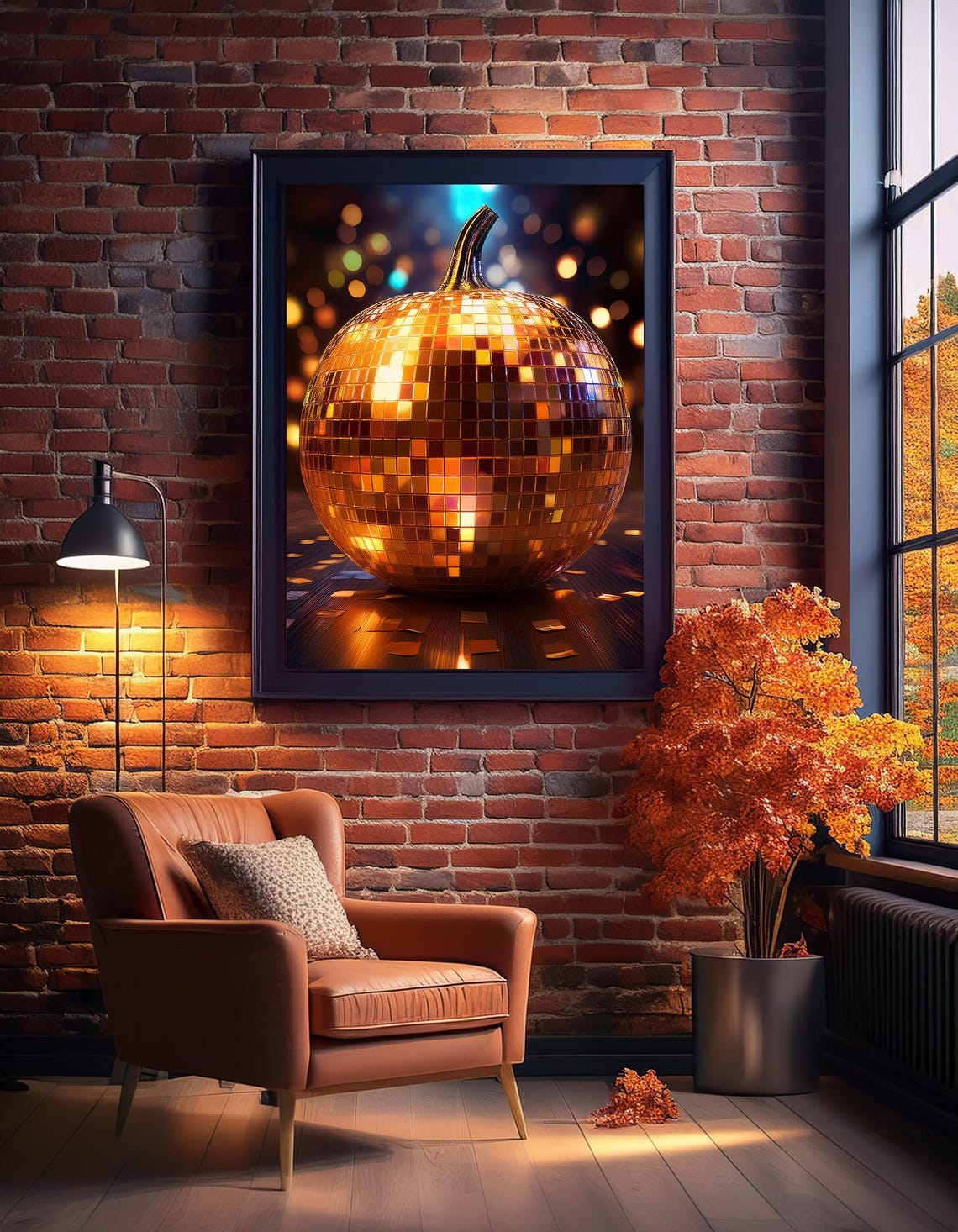 Disco Ball Pumpkin Mirror Tile Fall Party Night Scene Art Poster - Image 2