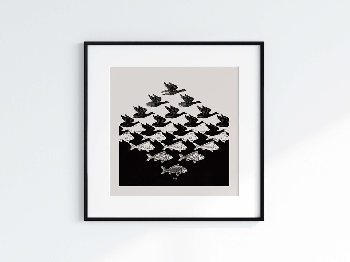 MC Escher Sky and Water Birds Fish Tessellation Monochrome Poster - Image 2