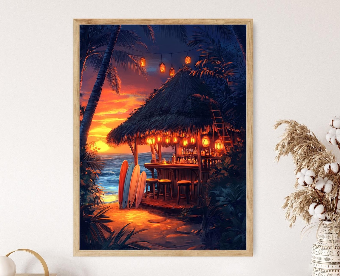 Hawaiian Tiki Bar Sunset Art Print, Surfboards Scene